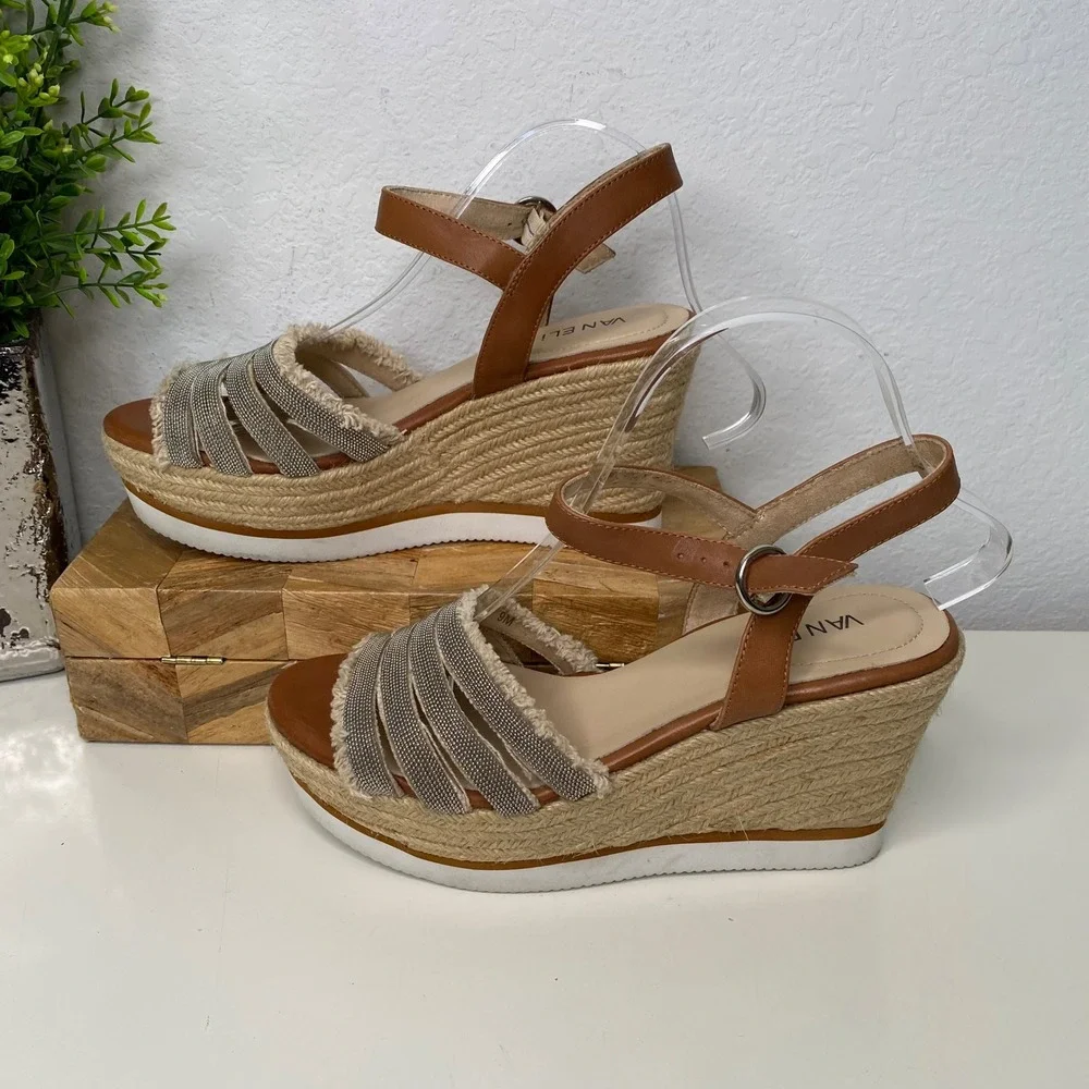 Vaneli Tan Leather‎ Espadrille Wedge Sandals Metallic Chain Straps Women 9M